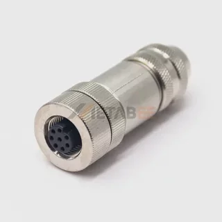 M12 8-pin A-coded field-wireable connector; the test plug is a custom loop-back