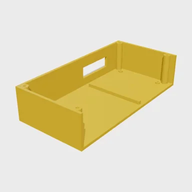 3D model of the honey-yellow ASA pod enclosure tub with lid bosses and a guide rail