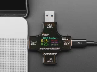 USB-C digital tester; the station is a custom flash and self-test rig