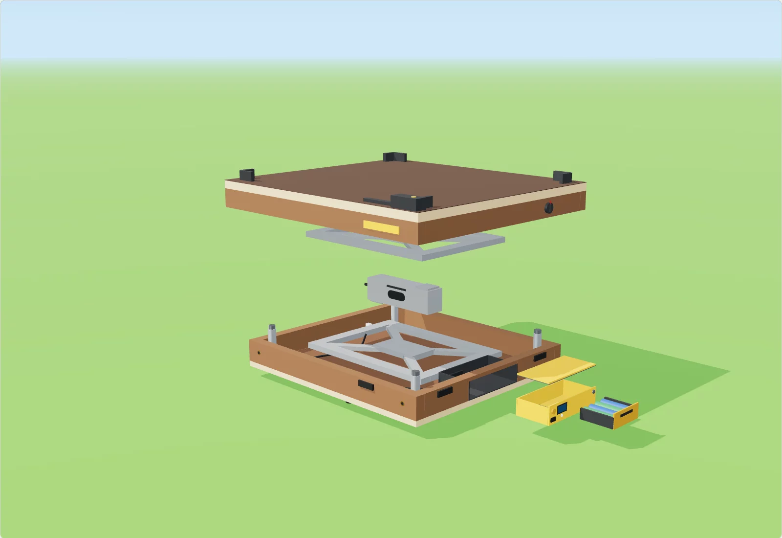 Beehive scale, exploded: deck, load cell and brackets, base, pod with battery cartridge