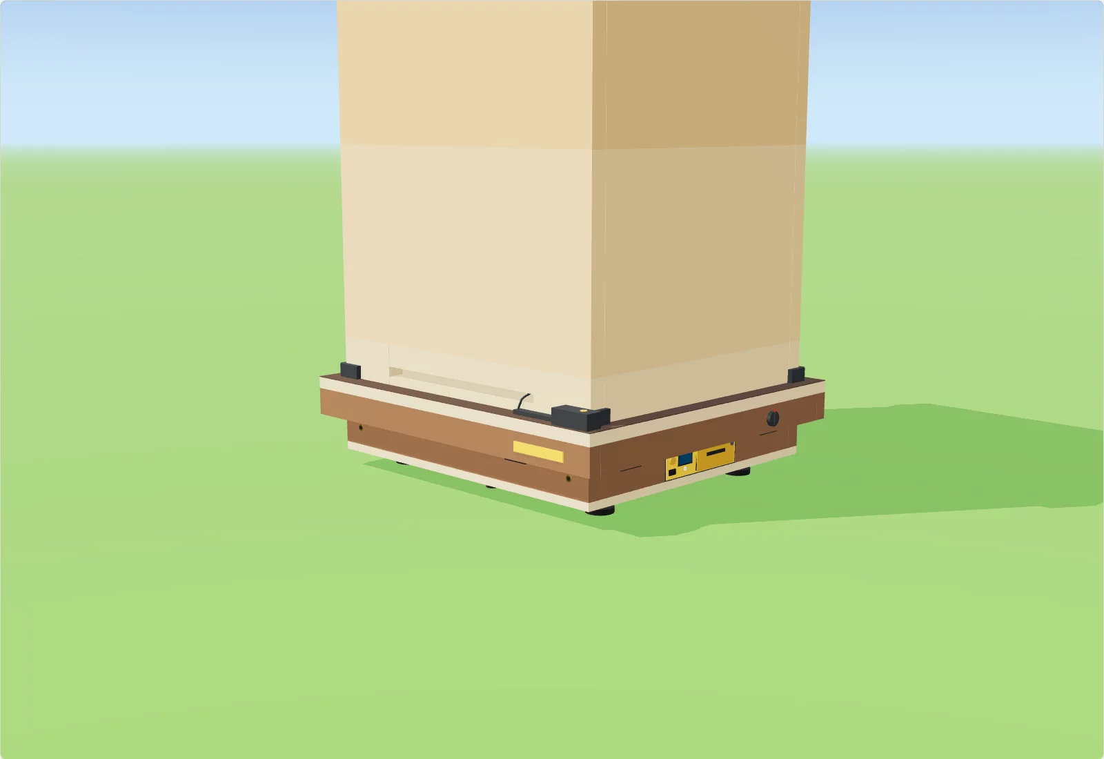 Beehive scale under a hive: pod flush in the side, climate probe from the sensor port into the entrance