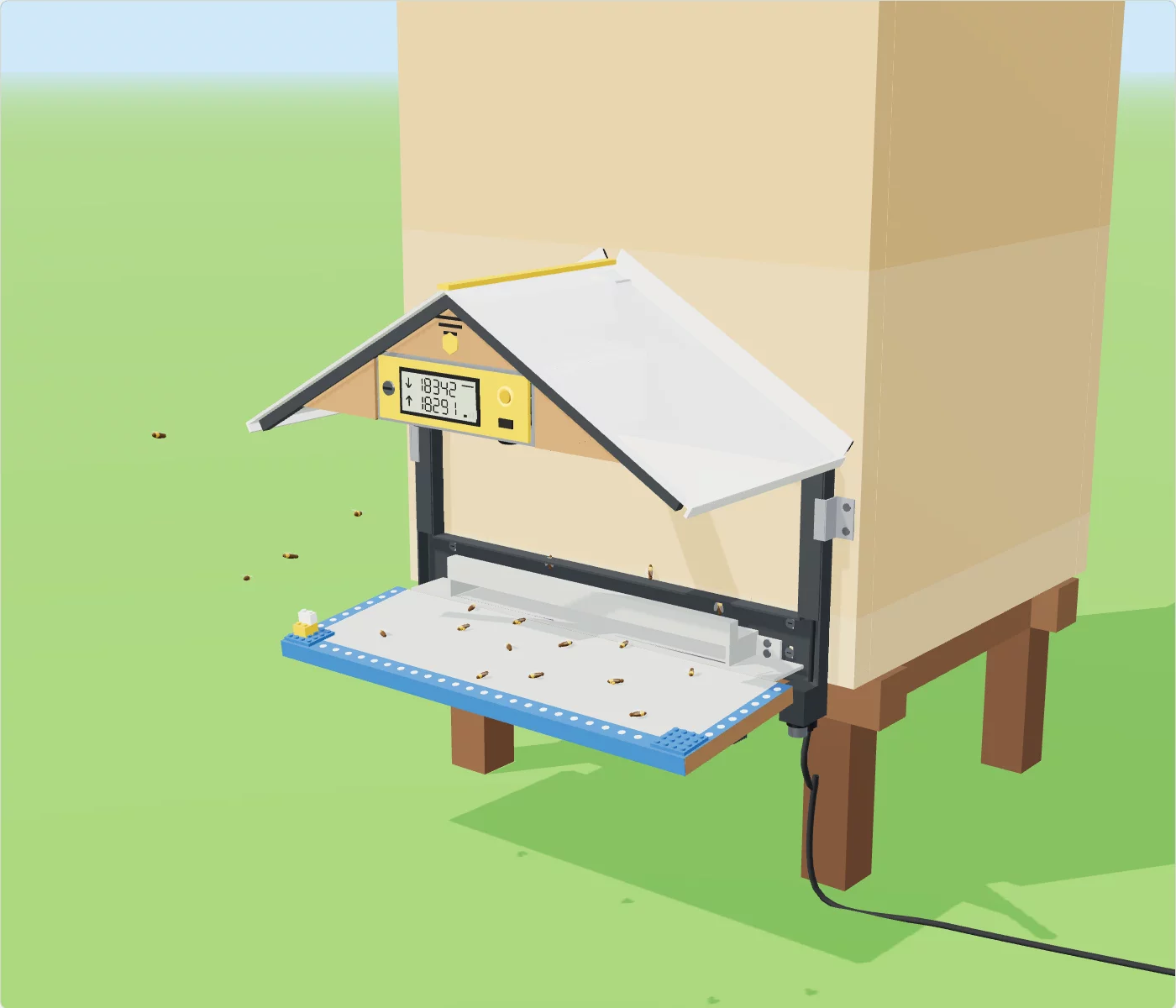 Gratheon Entrance Observer on a hive: a steep opal roof over a yellow-faced camera pod, an entrance porch with an automatic gate and a grey landing board with calibration markers